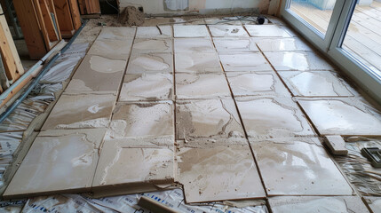 Laying floor ceramic tile. Renovating the floor.