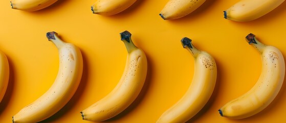   A yellow table has multiple bananas stacked on it and positioned beside one another on a yellow background