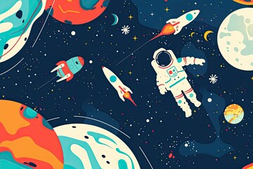 A colorful space scene with a man in a spacesuit flying a rocket. The image is a work of art that captures the imagination and the wonder of space exploration