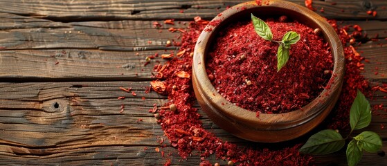   Red powder in wooden bowl on wooden table near green leafy plant