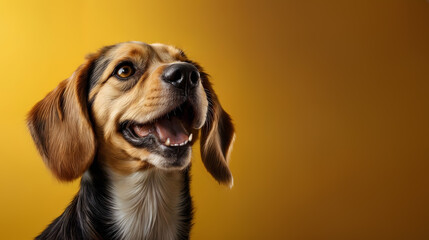 Beagle breed dog stands on a yellow background, empty copy space. Generative AI - obrazy, fototapety, plakaty