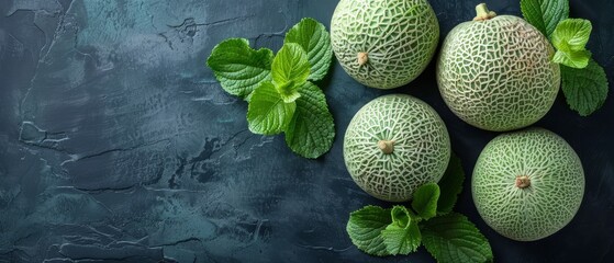   Cantaloupe cluster with green foliage on a dark blue backdrop, with space for text