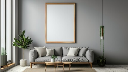 An empty rectangle frame mockup from oak wood in a  beautiful gray room. Generated by artificial...