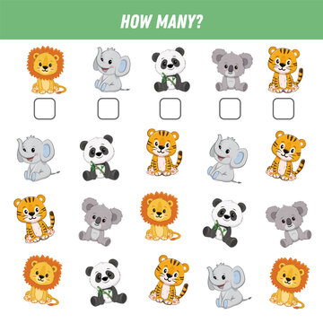 How many animals are there. Count the number of animals. Cute lion, elephant, panda, koala, tiger. Math worksheet for kids. Vector