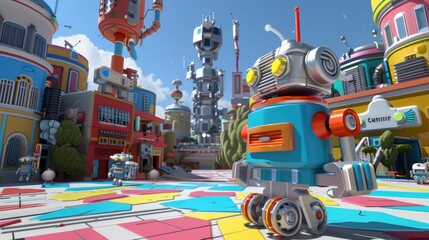 A robot is standing in front of a colorful building. The robot is blue and orange. The building is colorful and has a futuristic look - obrazy, fototapety, plakaty