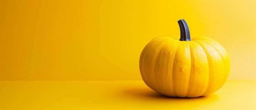   A yellow pumpkin perched on a table beside a yellow wall, with a black stem protruding from it