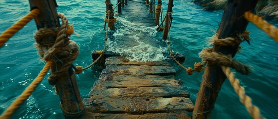   A wooden dock in the middle of a body of water, with ropes hanging from its sides