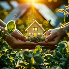 Foto op Canvas Hands cradle a small house model with a green leaf on top, symbolizing eco-friendly living and sustainability © Fxquadro