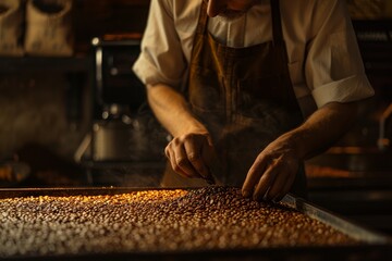 Editorial Photography of a barista examining freshly roasted coffee beans, focus on the beans' color and texture, warm lighting
