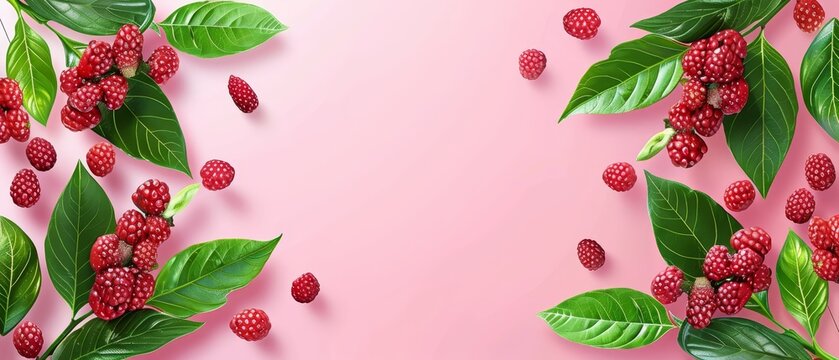   Raspberries and leaves on a pink background with space for text/image on a card/brochure