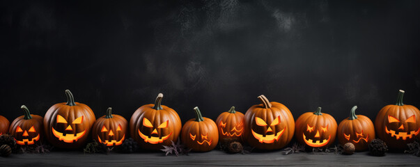 Halloween party decorations pumpkins on dark background. Free space for text