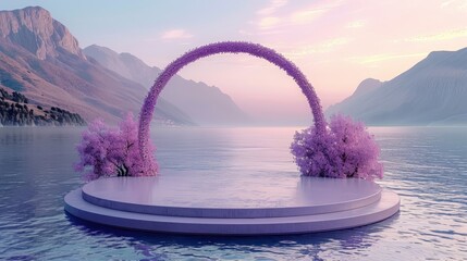 Lavender arch over empty product display against twilight sky, creating a whimsical setting
