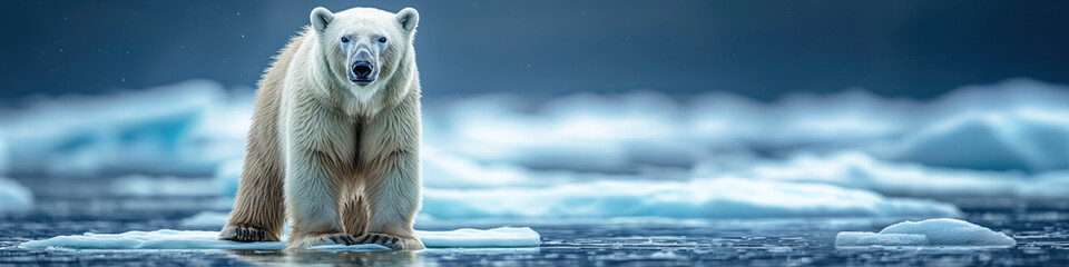 white polar bear in Arctic ice near ocean water in winter