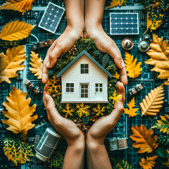 Several hands coming together to support a model house on a bed of vibrant autumn leaves - 768078370