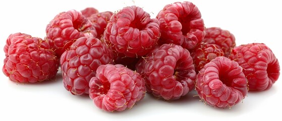   A white countertop holds a pile of raspberries, alongside another pile