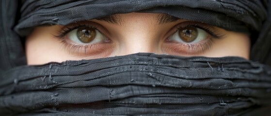   A photo of a close-up of a woman's eyes, with a black cloth covering her face and eyes