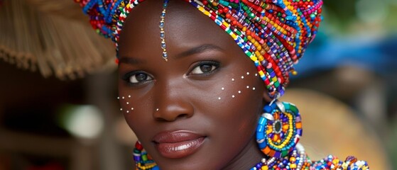   A zoomed-in picture of a lady adorned in a beaded headdress, with earrings gracefully draped across her head