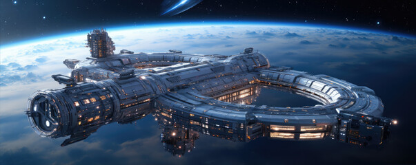 Futuristic space station is floating in the space. Future technology.