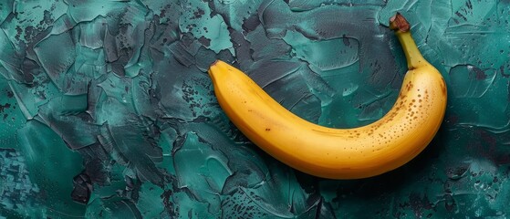   A yellow banana sits on a green and blue-painted wall, forming a smiley face