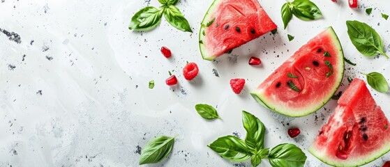   A photo of several watermelon slices placed on a white background surrounded by fresh basil leaves and juicy cherries - obrazy, fototapety, plakaty