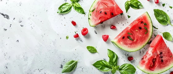 Foto op Plexiglas   A photo of several watermelon slices placed on a white background surrounded by fresh basil leaves and juicy cherries © Jevjenijs