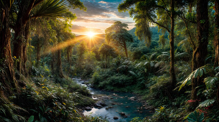 Lush tropical rainforest adorned with abundant foliage an a river. Generative AI