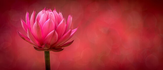   A pink flower atop a green stem, against a backdrop of red and pink walls, with a hazy background