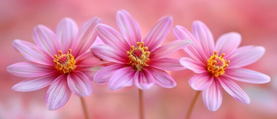  Pink flowers with yellow stamens against a pink backdrop with central yellow stamen