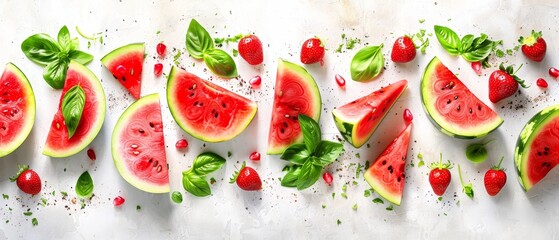   Watermelon slices, basil leaves, and strawberries arranged on a white table with green foliage