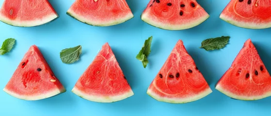 Foto op Plexiglas   Watermelon slices rest atop blue surface with green garnish beside them © Jevjenijs