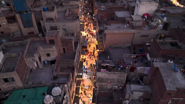 Walled City of Lahore. Evening Market near Delhi Gate, Aerial Drone Shot. Lahore, Punjab, Pakistan