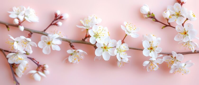   A cherry tree branch with white flowers on a pink background, providing space for text or images