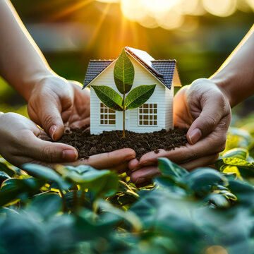 The photo depicts a set of hands showing a miniature white house with a green leaf on the roof, illustrating concepts of eco-friendly living