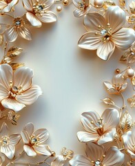 golden flowers floral wedding invitation background with 3d frame, beige background and gems decoration