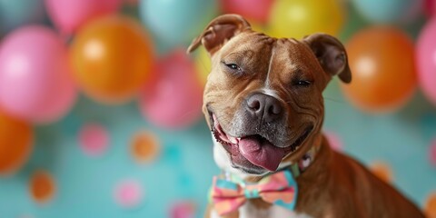 Dog Celebration with Balloons - obrazy, fototapety, plakaty