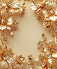 golden flowers floral wedding invitation background with 3d frame, beige background and gems decoration
