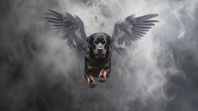 A powerful image of a Rottweiler with large angel wings amidst swirling dark smoke, exuding strength and a sense of the supernatural