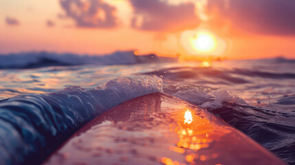 Surfboard and rising sun, coast beach at sunset. - obrazy, fototapety, plakaty