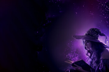 sorcière en tenue avec un chapeau pointu qui lit un livre de sortilèges qui brille et scintille et luit d'une lumière violette, Halloween sur Fond noir et violet avec espace négatif copy space - obrazy, fototapety, plakaty