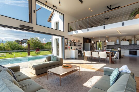 Interior of an open plan house with view to the swimming pool