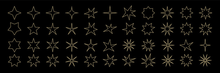 Fototapeta na wymiar Brutalism stars. Minimalistic geometric gold outline stars on a black background. Contemporary forms. Isolated floral elements silhouettes. Abstract contour shapes. Vector graphic set illustration