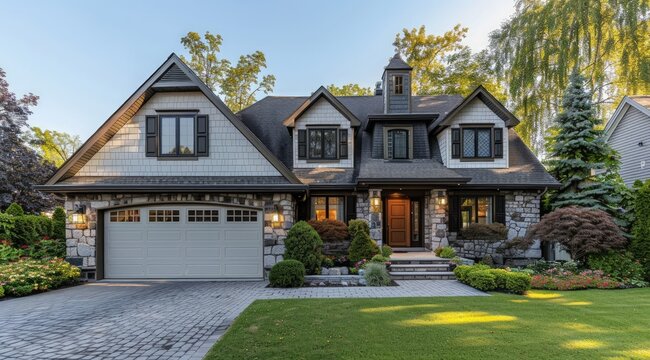 Suburban American family house with garage and backyard