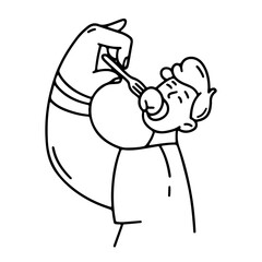 Man eating dumpling. Young guy sits in restaurant or cafe and holds fork. Doodle character.