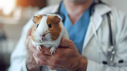 a male excotic pet vet holding a guinea pig bokeh style background - obrazy, fototapety, plakaty