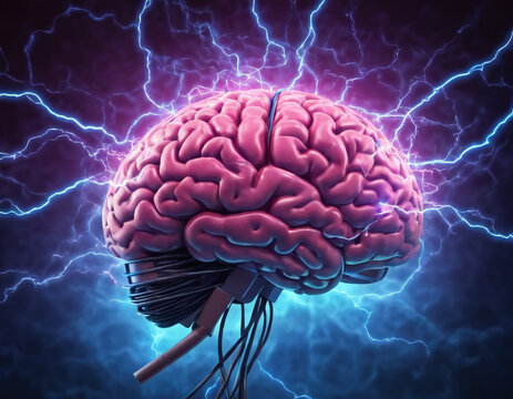 Human Brain With Lightning Flashes, Abstract Background, Ai Illustration