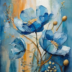 background with flowers.a captivating handmade painting featuring an abstract composition of blue flowers on canvas. Employ bold brushstrokes and expressive lines to evoke the delicate beauty and flui