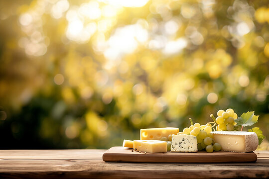 plateau de fromages fran&ccedil;ais sur une planche en bois sur une table. Emmental, bleu, Saint Nectaire et tome avec du raisin, fond flout&eacute; d'un jardin