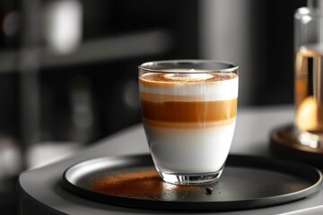 Modern latte presentation, focusing on the contrast of coffee and milk.