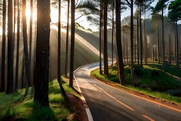 Sunbeams shine through pine forest with early morning dew on roads in the highlands of Da Lat city, Vietnam Generative AI