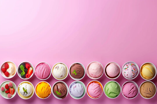 pots de glaces, diff&eacute;rents parfums et aromes, avec des fruits et topping en ligne sur une bordure d'un fond rose avec espace n&eacute;gatif copy space. Glacier, restaurant, carte des glaces